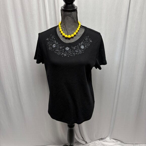 Studio Works Black Short Sleeve Top Womens Size Large Embroidered Floral Blouse - Picture 1 of 8